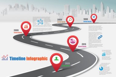 İş yol haritası-zaman çizelgesi Infographic şehir arka plan şablonu kilometre taşı öğe modern diyagramı işlem teknolojisi dijital pazarlama veri sunum grafiği için vektör çizim tasarlanmış