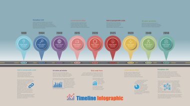 Yol haritası iş zaman çizelgesi Infographic 9 adım pin planlama süreci web sayfaları dijital teknoloji veri sunum grafik arka plan öğeleri diyagram için tasarlanmış ile. Vektör çizim