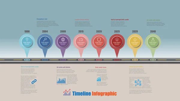 Mapa Drogowa Biznesowych Osi Czasu Infografikę Pinów Krok Zaprojektowane Tło — Wektor stockowy