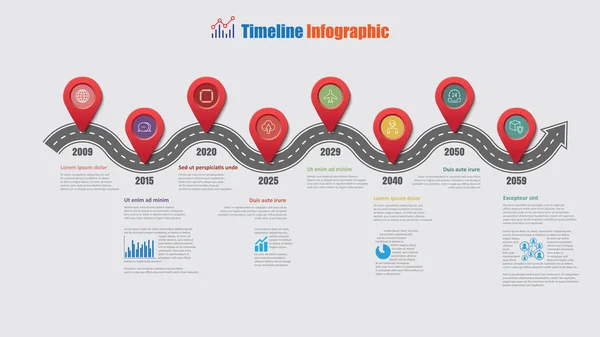 Yol Haritası Zaman Çizelgesi Infographic Adım Pim Planlama Süreci Web — Stok Vektör