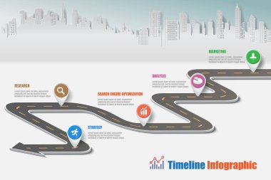 İş yol haritası-zaman çizelgesi Infographic şehir arka plan şablonu kilometre taşı öğe modern diyagramı işlem teknolojisi dijital pazarlama veri sunum grafiği için vektör çizim tasarlanmış