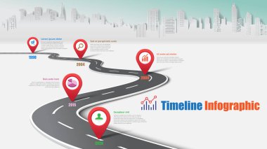 İş yol haritası-zaman çizelgesi Infographic şehir arka plan şablonu kilometre taşı öğe modern diyagramı işlem teknolojisi dijital pazarlama veri sunum grafiği için vektör çizim tasarlanmış