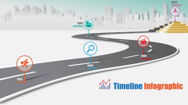 İş yol haritası zaman çizelgesi Infographic şehir kilometre taşı için yol podyum modern diyagramı işlem teknolojisi dijital pazarlama veri sunum grafiği için tasarlanmış. Vektör çizim