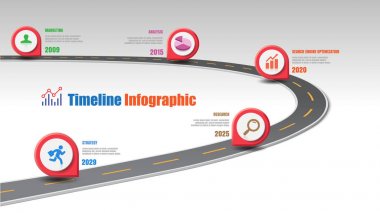 İş yol haritası zaman çizelgesi Infographic şablon arka plan kilometre taşı modern diyagramı işlem teknolojisi dijital pazarlama veri sunum grafik vektör çizim için tasarlanmış işaretçiler ile