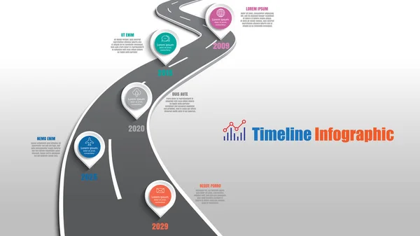 Plantilla Infografía Línea Tiempo Hoja Ruta Negocios Con Punteros Diseñados — Vector de stock