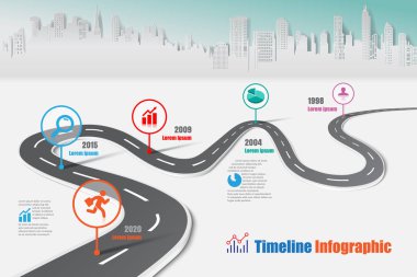 İş yol haritası-zaman çizelgesi Infographic şehir arka plan şablonu kilometre taşı öğe modern diyagramı işlem teknolojisi dijital pazarlama veri sunum grafiği için vektör çizim tasarlanmış
