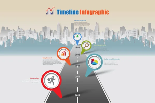 Biznesowe Mapy Drogowej Osi Czasu Infografikę Miasto Przeznaczone Streszczenie Tło — Wektor stockowy