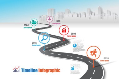 İş yol haritası-zaman çizelgesi Infographic şehir arka plan şablonu kilometre taşı öğe modern diyagramı işlem teknolojisi dijital pazarlama veri sunum grafiği için vektör çizim tasarlanmış