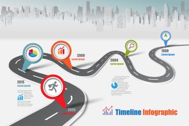 İş yol haritası-zaman çizelgesi Infographic şehir arka plan şablonu kilometre taşı öğe modern diyagramı işlem teknolojisi dijital pazarlama veri sunum grafiği için vektör çizim tasarlanmış