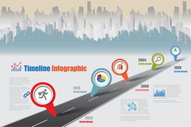 İş yol haritası-zaman çizelgesi Infographic şehir arka plan şablonu kilometre taşı öğe modern diyagramı işlem teknolojisi dijital pazarlama veri sunum grafiği için vektör çizim tasarlanmış