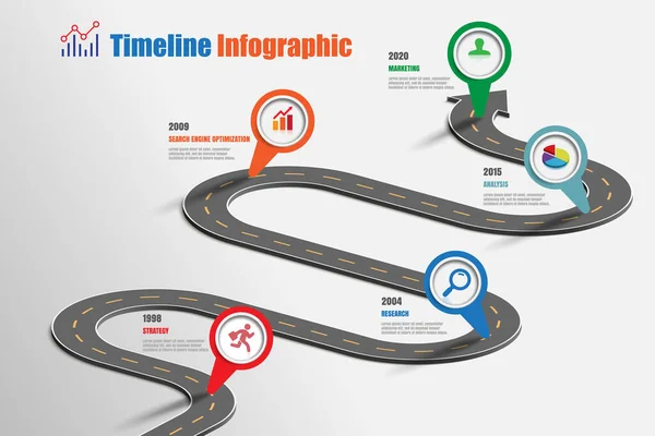 Plantilla Infografía Línea Tiempo Hoja Ruta Negocios Con Punteros Diseñados — Archivo Imágenes Vectoriales