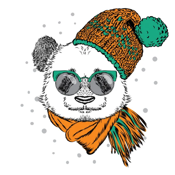 Panda avec lunettes, chapeau et écharpe. Illustration vectorielle pour carte de vœux, affiche ou impression sur vêtements. Noël et Nouvel An. Hiver . — Image vectorielle
