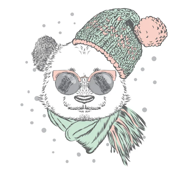 Panda με γυαλιά, καπέλο και κασκόλ. Εικονογράφηση διάνυσμα για ευχετήρια κάρτα, αφισών ή εκτύπωση σε ρούχα. Χριστούγεννα και Πρωτοχρονιά. Χειμώνας. — Διανυσματικό Αρχείο