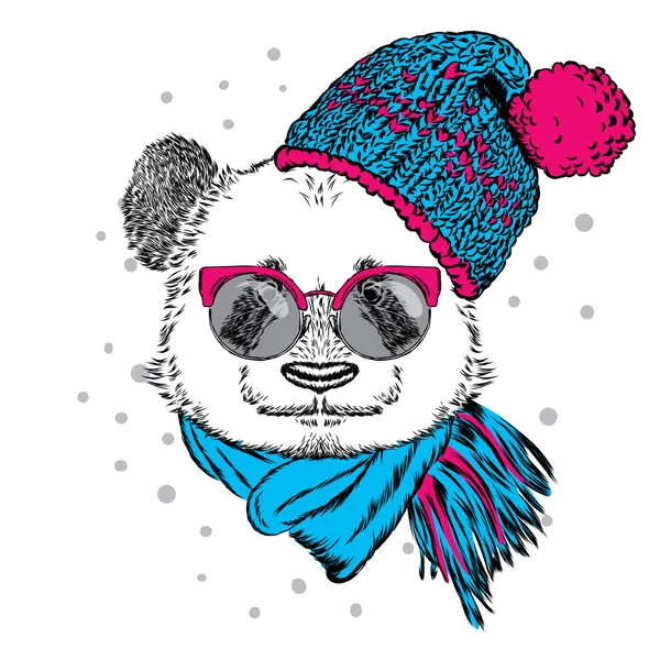 Панда в очках, шляпе и шарфе. Векторная иллюстрация для поздравительной открытки, плаката или печати на одежде. Рождество и Новый год. Зима . — стоковый вектор