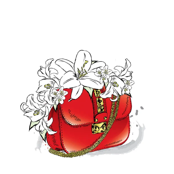 Όμορφη τσάντα με ένα μπουκέτο λουλούδια. Κυρίες συμπλέκτη. Εικονογράφηση διάνυσμα για ευχετήρια κάρτα, αφισών ή εκτύπωση σε ρούχα. & Στυλ μόδας. Παλιάς χρονολογίας. — Διανυσματικό Αρχείο