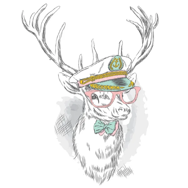 Beau cerf dans la casquette du capitaine, lunettes et cravate. Illustration vectorielle pour une carte ou une affiche. Impression sur vêtements et accessoires . — Image vectorielle