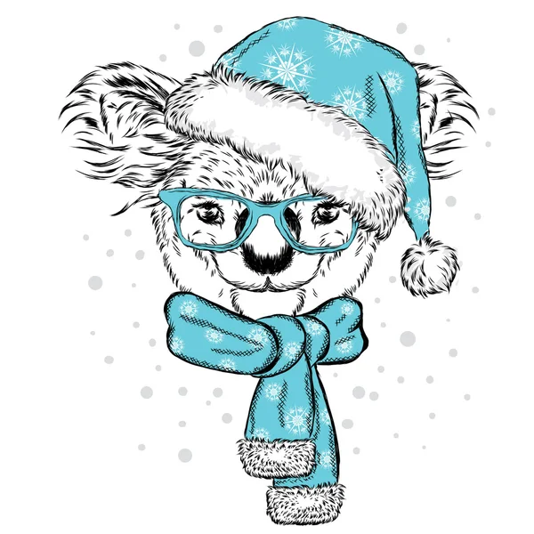 Koala lucu dengan kacamata, topi dan syal. Vektor ilustrasi. Syal, topi dan kacamata. Kartu pos atau poster. Cetak pada pakaian. Tahun Baru dan Natal. Beruang . - Stok Vektor