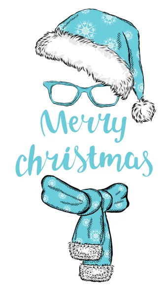 Vektor-Illustration mit Weihnachtsmützen. Schal, Mütze und Brille. Postkarte oder Poster. Druck auf Kleidung. Neujahr und Weihnachten. — Stockvektor