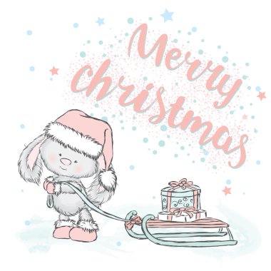 Sevimli tavşan hediyeler kızak üzerinde taşır. Noel kartı ile bir tavşan. Vektör çizim. Yazı.