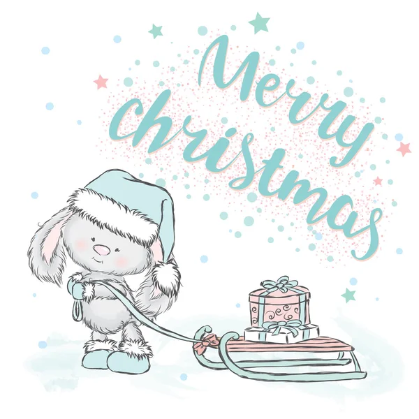 Niedliche Hasen tragen Geschenke auf Schlitten. Weihnachtskarte mit einem Hasen. Vektorillustration. Schriftzug. — Stockvektor