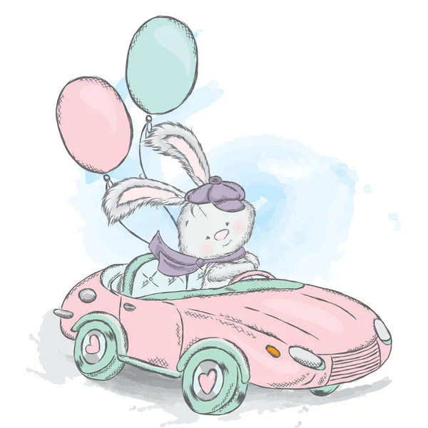 Honey Bunny in a car. Vector illustration for a card or poster. Print on clothes. Charming hare. — Διανυσματικό Αρχείο