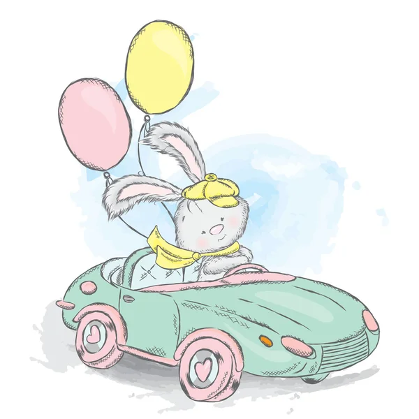 Honey Bunny in a car. Vector illustration for a card or poster. Print on clothes. Charming hare. — Διανυσματικό Αρχείο