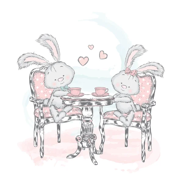 Милый кролик за столом пьет чай. Кролики. Векторная иллюстрация для открытки, плаката или печати на одежде . — стоковый вектор