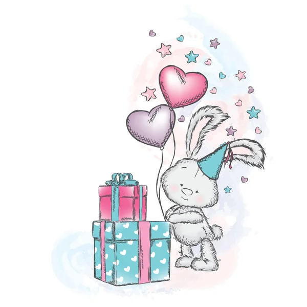 Милый кролик с подарками и воздушными шарами. Векторная иллюстрация для открытки или плаката. Печать на одежде. Очаровательный заяц . — стоковый вектор