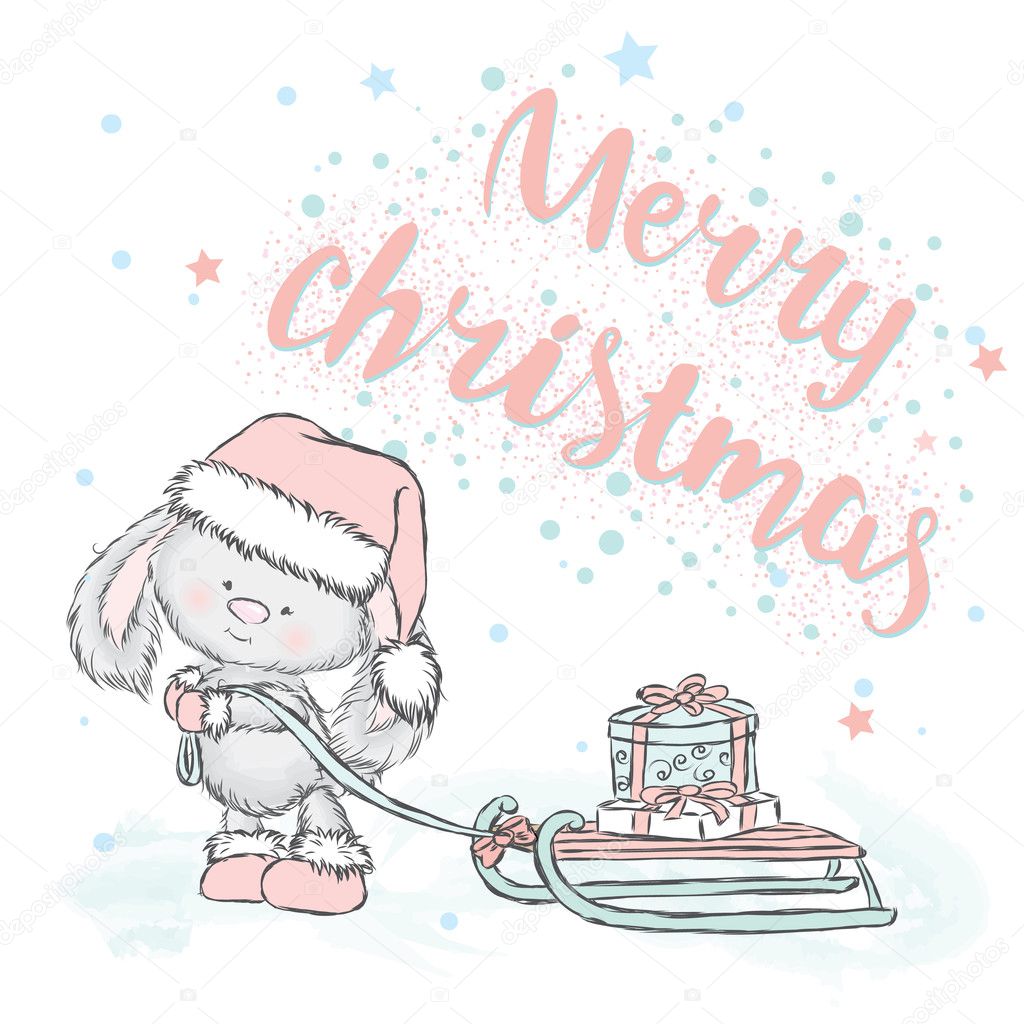 Lepre carino Natale porta i regali sulla slitta Cartolina di Natale con un coniglio