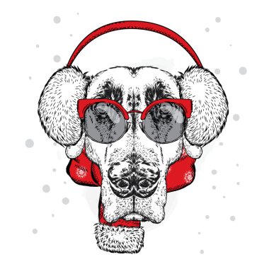 Sevimli köpek earmuffs ve bir eşarp. Bir kartı veya poster için vektör çizim. Kıyafetlere yazdırın. Güzel köpek. Yeni yıl ve Noel. Kış. Sıcak giysiler.