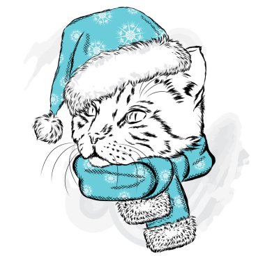 Komik kedi bir Noel şapka ve atkı. Bir kartı veya poster, elbiselere yazdırma için vektör çizim. Yeni yıl ve Noel.