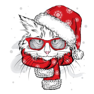 Komik kedi bir Noel şapka ve atkı. Vektör çizim kartı veya poster, elbiselere yazdırma için. Yeni yıl ve Noel.