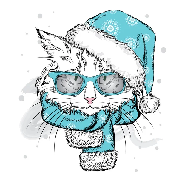 Komik kedi bir Noel şapka ve atkı. Vektör çizim kartı veya poster, elbiselere yazdırma için. Yeni yıl ve Noel. — Stok Vektör