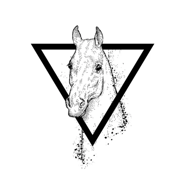 Beautiful horse with a triangle. Vector illustration for greeting card, poster, or print on clothes. Fashion & Style. Hipster. Hand drawing. — Stock Vector