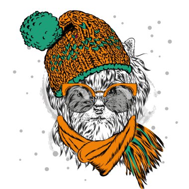 Şirin köpek yavrusu bir şapka ve güneş gözlüğü takıyor. Vektör çizim için tebrik kartı, poster ya da baskı dökmeyin. Safkan köpek. Yorkshire korkunç. Kış, Noel ve yeni yıl.