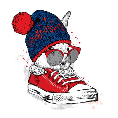 Sevimli tavşan ile gözlük ve şapka ile bir bubo. Spor ayakkabı içinde oturan yabani tavşan. Vektör çizim için tebrik kartı, poster ya da baskı dökmeyin. Moda ve stil.