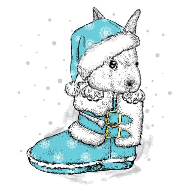 Sevimli tavşan önyükleme ve şapka. Vektör çizim için tebrik kartı, poster ya da baskı dökmeyin. Yeni yıl ve Noel.