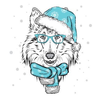 Sevimli köpek Noel şapka ve güneş gözlüğü. Vektör çizim için tebrik kartı, poster ya da baskı dökmeyin. Safkan köpek. Kömür ocağı. Kış, Noel ve yeni yıl.