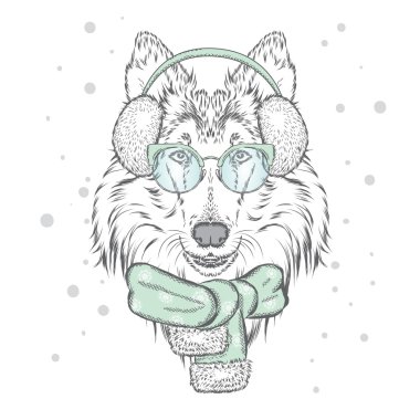 Sevimli köpek earmuffs ve bir eşarp. Bir kartı veya poster için vektör çizim. Kıyafetlere yazdırın. Güzel köpek. Yeni yıl ve Noel. Kış. Sıcak giysiler. Kömür ocağı.