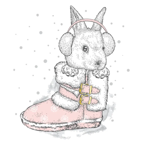 在冬天靴子和耳机的可爱兔子。矢量图的贺卡、 海报或打印在衣服上。新年和圣诞节. — 图库矢量图片