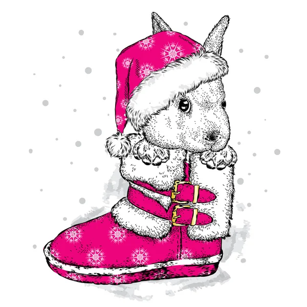 Милый заяц в сапоге и шляпе. Векторная иллюстрация для поздравительной открытки, плаката или печати на одежде. Новый год и Рождество . — стоковый вектор