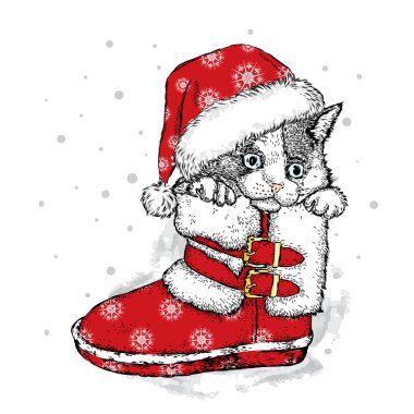 Kışlık botlar de sevimli kedi. Vektör çizim için tebrik kartı, poster ya da baskı dökmeyin. Noel ve yeni yıl.