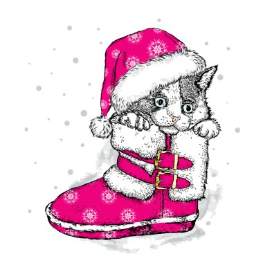 Kışlık botlar de sevimli kedi. Vektör çizim için tebrik kartı, poster ya da baskı dökmeyin. Noel ve yeni yıl.
