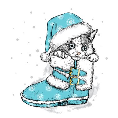 Kışlık botlar de sevimli kedi. Vektör çizim için tebrik kartı, poster ya da baskı dökmeyin. Noel ve yeni yıl.