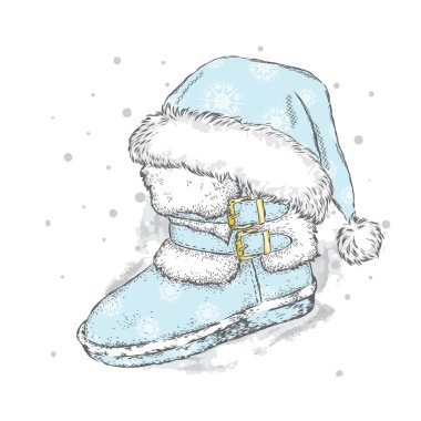 Noel çizmesi ve şapkası. Tebrik kartı, poster veya giysilere baskı için vektör çizimi. Noel ve Yeni Yıl.