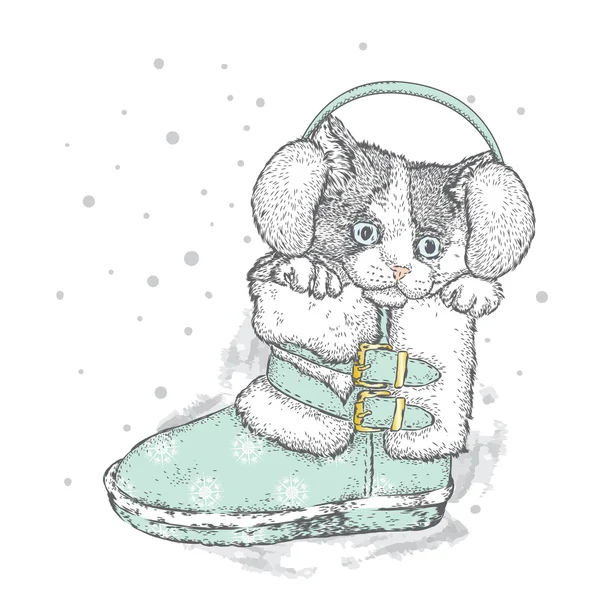 Kışlık botlar de sevimli kedi. Vektör çizim için tebrik kartı, poster ya da baskı dökmeyin. Noel ve yeni yıl. — Stok Vektör