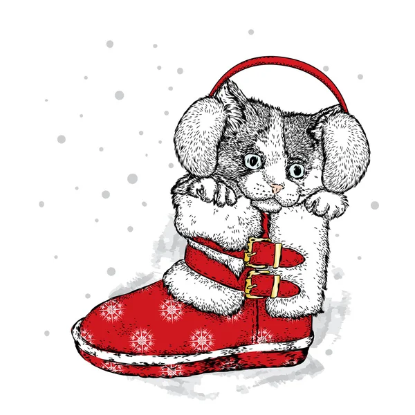 Милый котенок в зимних сапогах. Векторная иллюстрация для поздравительной открытки, плаката или печати на одежде. Рождество и Новый год . — стоковый вектор