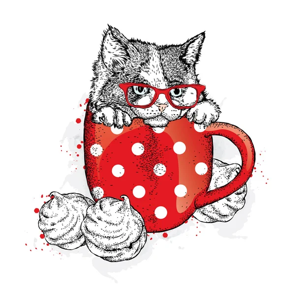 可爱的小猫在杯子里。杯子和棉花糖。贺卡、海报或衣服上的打印的矢量插图. — 图库矢量图片