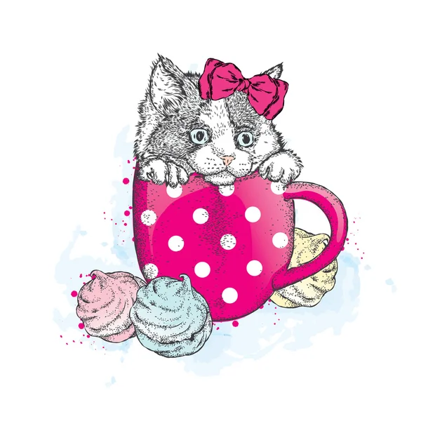 Roztomilá kočička v šálku. Pohár a Marshmallow. Vektorová ilustrace přání, plakátu nebo tisku na oblečení. — Stockový vektor