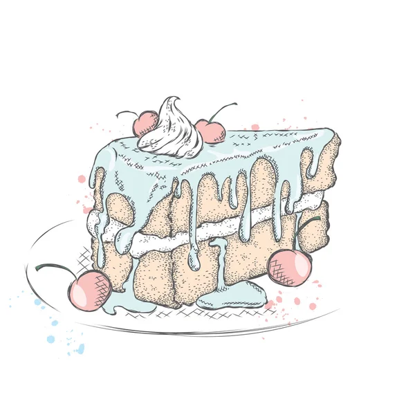 Un pedazo de hermoso pastel con crema y cereza. Ilustración vectorial para una tarjeta o póster. Menú. Postre. Dibujo para la portada de un cuaderno o diario . — Vector de stock